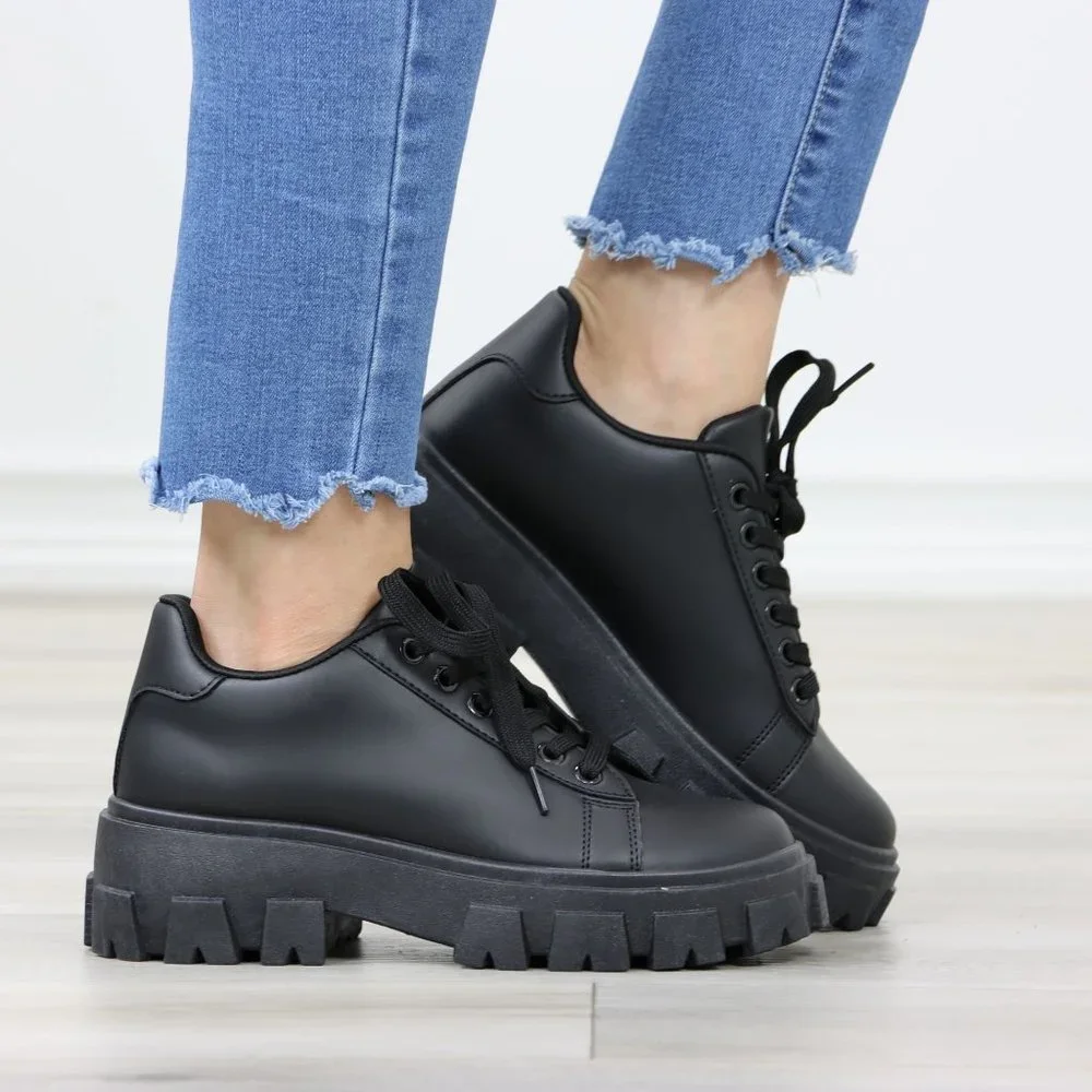Black Chunky Lace-Up Lug Sole Oxford Platform Women's Shoes - Picture 3 of 12